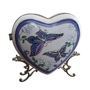 Avon Butterflies Porcelain Purple Heart Charm Rhinestones Roses Mothers Gift Vtg